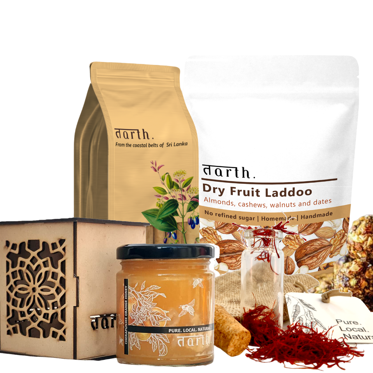 Tarth Premium Gift Hamper Box | Contains Indigenous Honey, Dry Fruit Laddoo's/Energy Balls, Kashmiri Saffron and Ceylon Cinnamon Powder | Organic & Healthy Gift