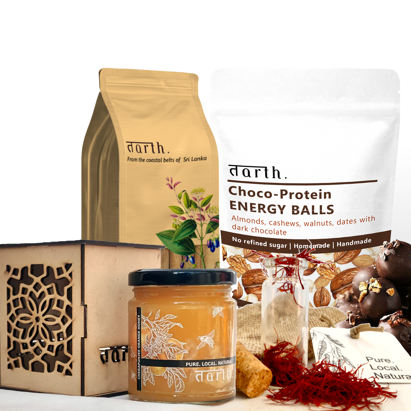 Tarth Premium Gift Hamper Box | Contains Indigenous Honey, Dry Fruit Laddoo's/Energy Balls, Kashmiri Saffron and Ceylon Cinnamon Powder | Organic & Healthy Gift