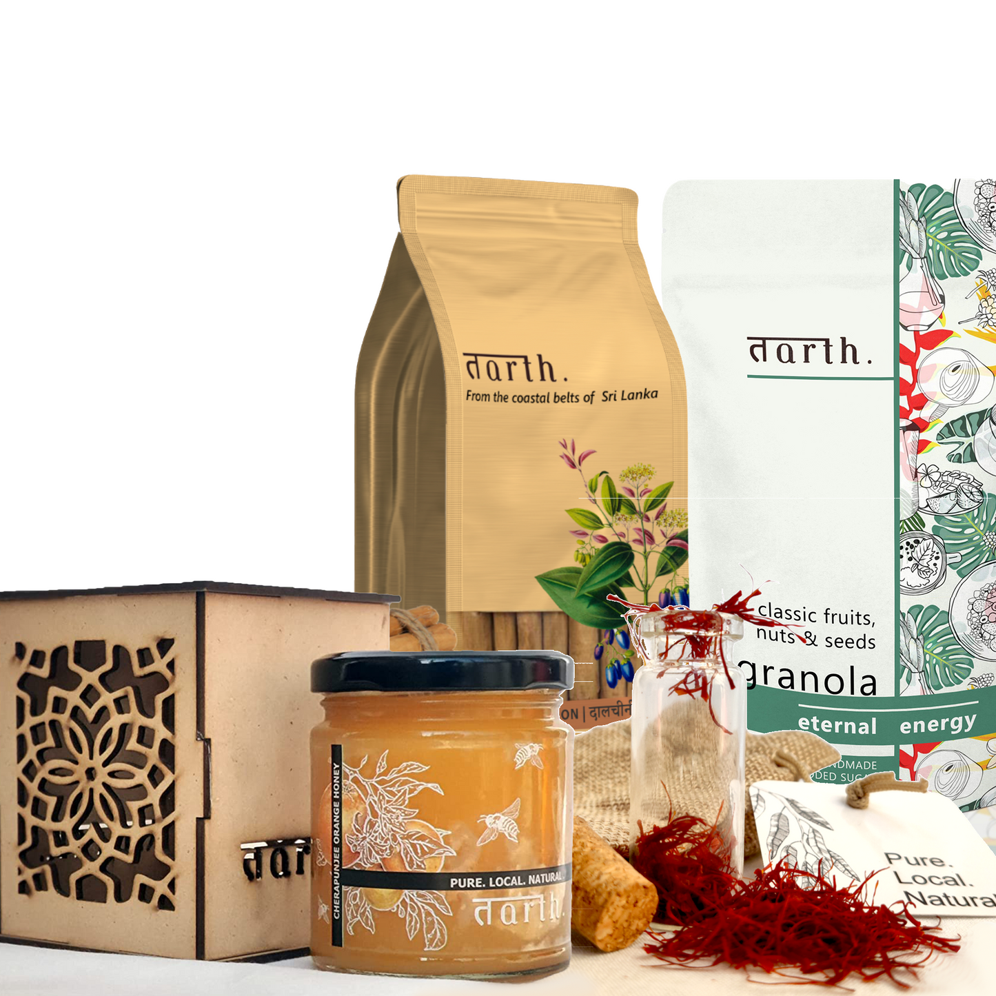 Tarth Premium Gift Hamper Box | Contains Indigenous Honey, Dry Fruit Laddoo's/Energy Balls, Kashmiri Saffron and Ceylon Cinnamon Powder | Organic & Healthy Gift