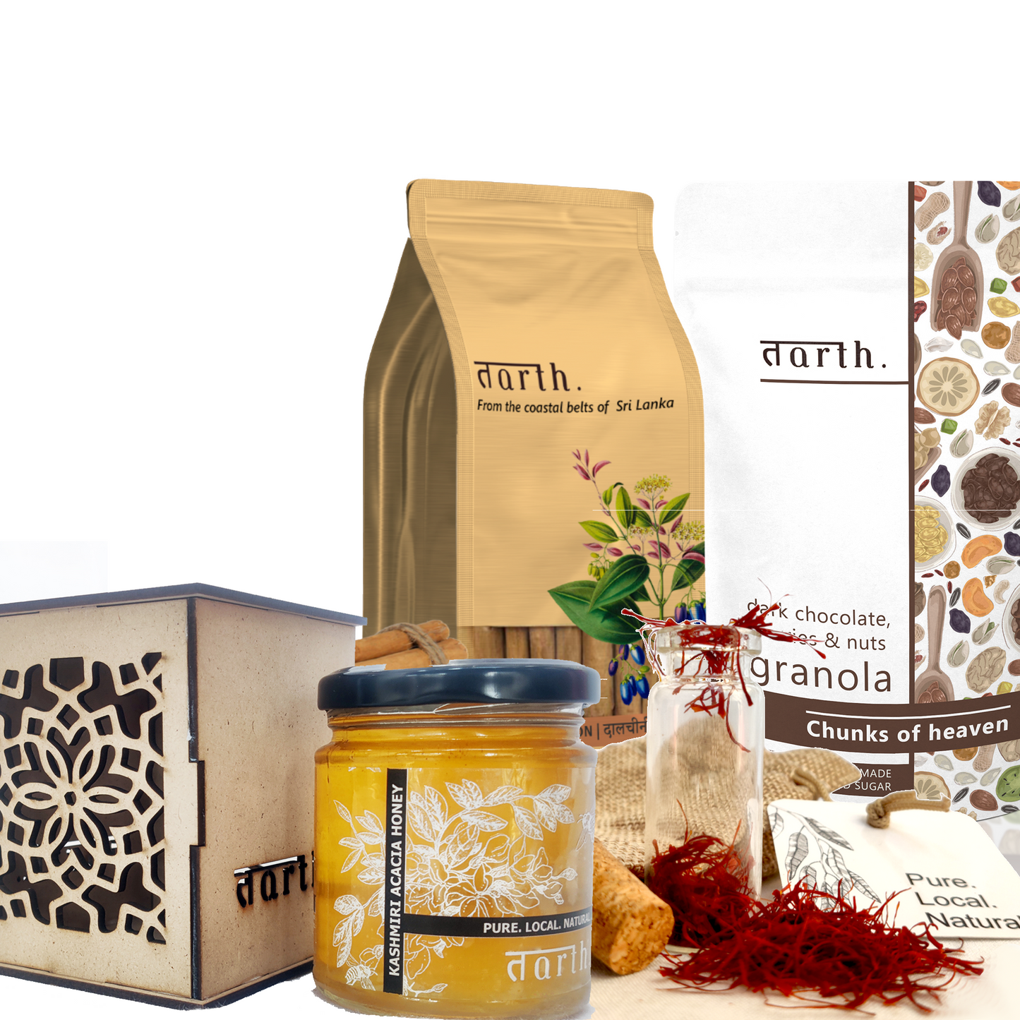 Tarth Premium Gift Hamper Box | Contains Indigenous Acacia Honey, Dry Fruit Laddoo's/Energy Balls, Kashmiri Saffron and Ceylon Cinnamon Powder | Organic & Healthy Gift