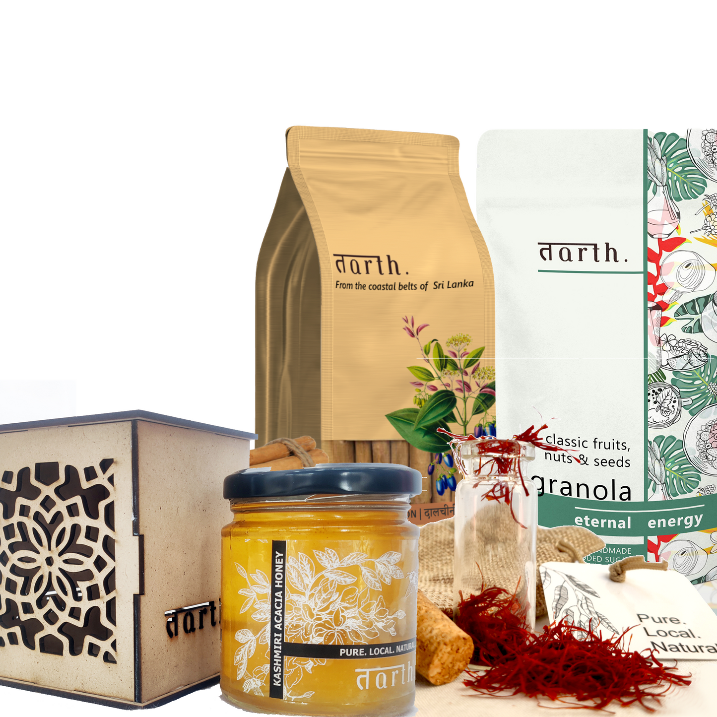 Tarth Premium Gift Hamper Box | Contains Indigenous Acacia Honey, Dry Fruit Laddoo's/Energy Balls, Kashmiri Saffron and Ceylon Cinnamon Powder | Organic & Healthy Gift