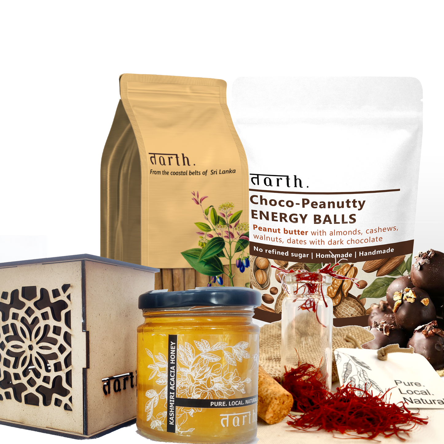 Tarth Premium Gift Hamper Box | Contains Indigenous Acacia Honey, Dry Fruit Laddoo's/Energy Balls, Kashmiri Saffron and Ceylon Cinnamon Powder | Organic & Healthy Gift