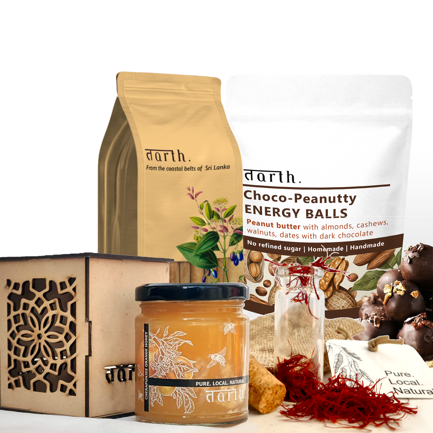 Tarth Premium Gift Hamper Box | Contains Indigenous Honey, Dry Fruit Laddoo's/Energy Balls, Kashmiri Saffron and Ceylon Cinnamon Powder | Organic & Healthy Gift