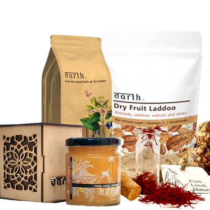 Tarth Premium Gift Hamper Box | Contains Indigenous Honey, Dry Fruit Laddoo's/Energy Balls, Kashmiri Saffron and Ceylon Cinnamon Powder | Organic & Healthy Gift