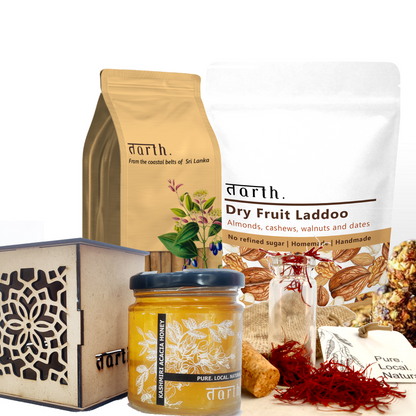 Tarth Premium Gift Hamper Box | Contains Indigenous Acacia Honey, Dry Fruit Laddoo's/Energy Balls, Kashmiri Saffron and Ceylon Cinnamon Powder | Organic & Healthy Gift