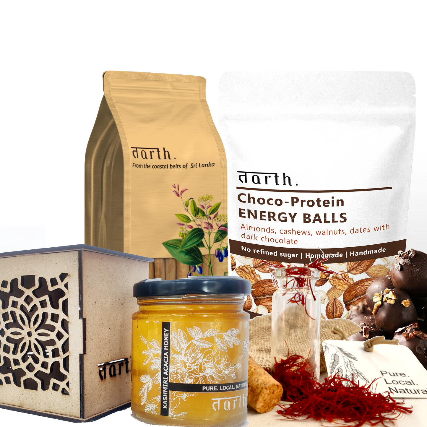 Tarth Premium Gift Hamper Box | Contains Indigenous Acacia Honey, Dry Fruit Laddoo's/Energy Balls, Kashmiri Saffron and Ceylon Cinnamon Powder | Organic & Healthy Gift