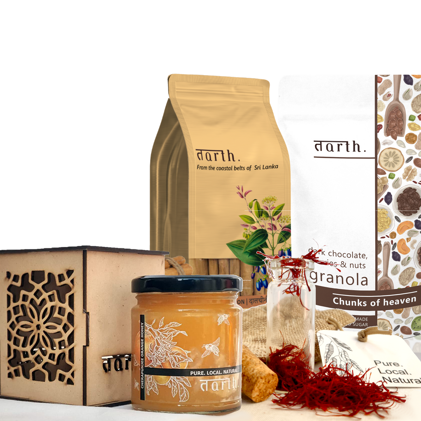 Tarth Premium Gift Hamper Box | Contains Indigenous Honey, Dry Fruit Laddoo's/Energy Balls, Kashmiri Saffron and Ceylon Cinnamon Powder | Organic & Healthy Gift