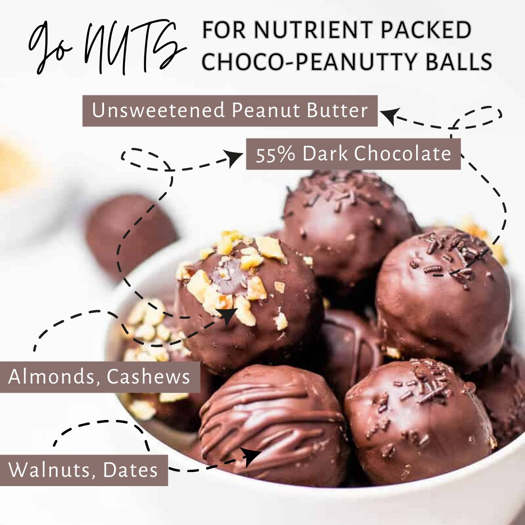 Ingredients in Choco Peanutty Balls include Unsweetened Peanut Butter, 55% dark chocolate, Almonds, Cashews, Walnuts and Dates