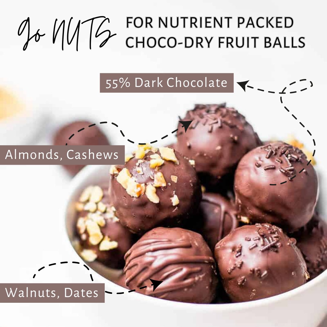 A bowl of Choco Dry Fruit balls with its ingredients listed as 55% dark chocolate, almonds, cashews, walnuts and dates. These are Nutrient packed and guilt-free.