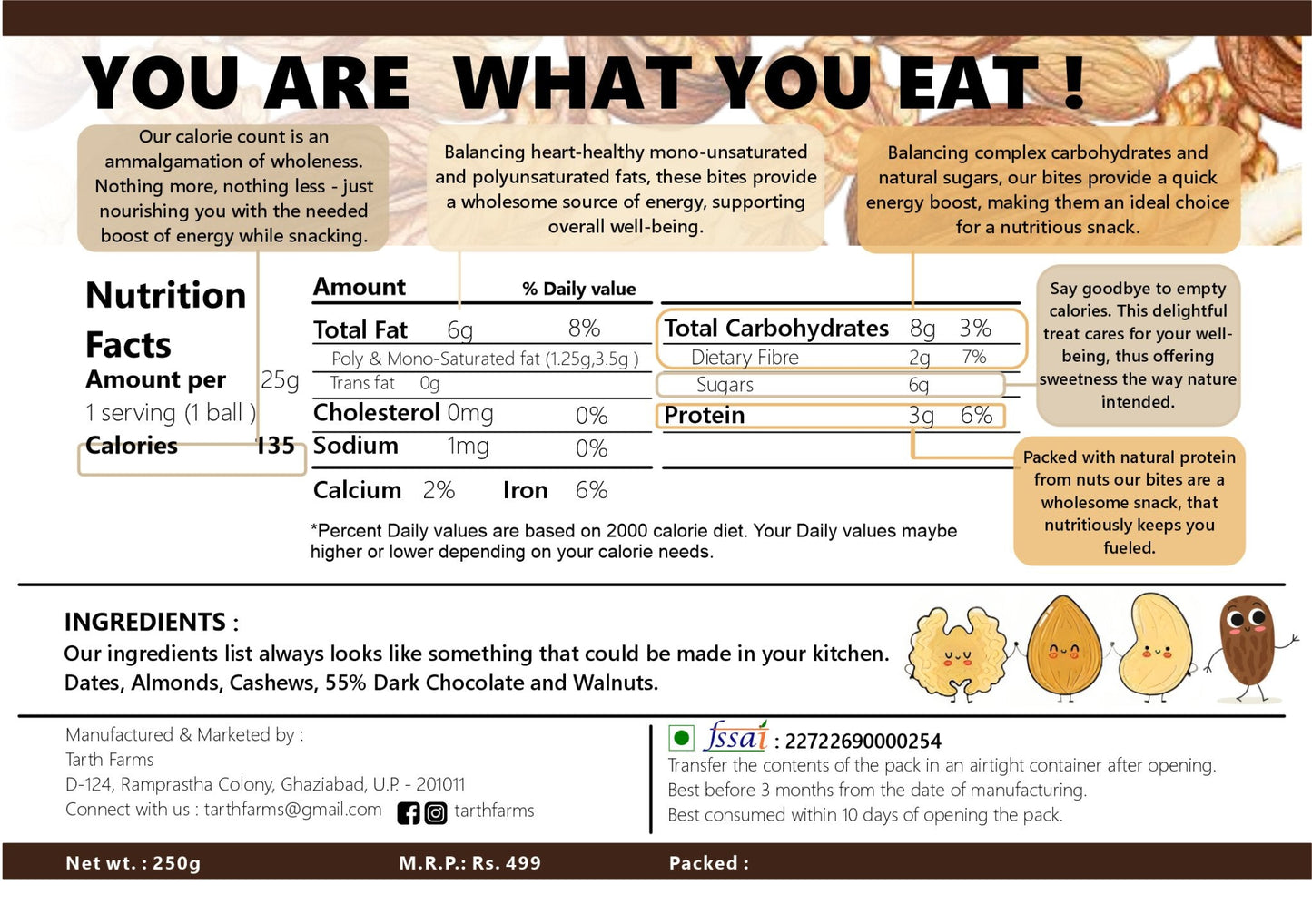 Nutrition Chart of Tarth's Healthy Homemade Guilt Free Choco Protein Balls specifying its nutrient rich calories and protein intake. 