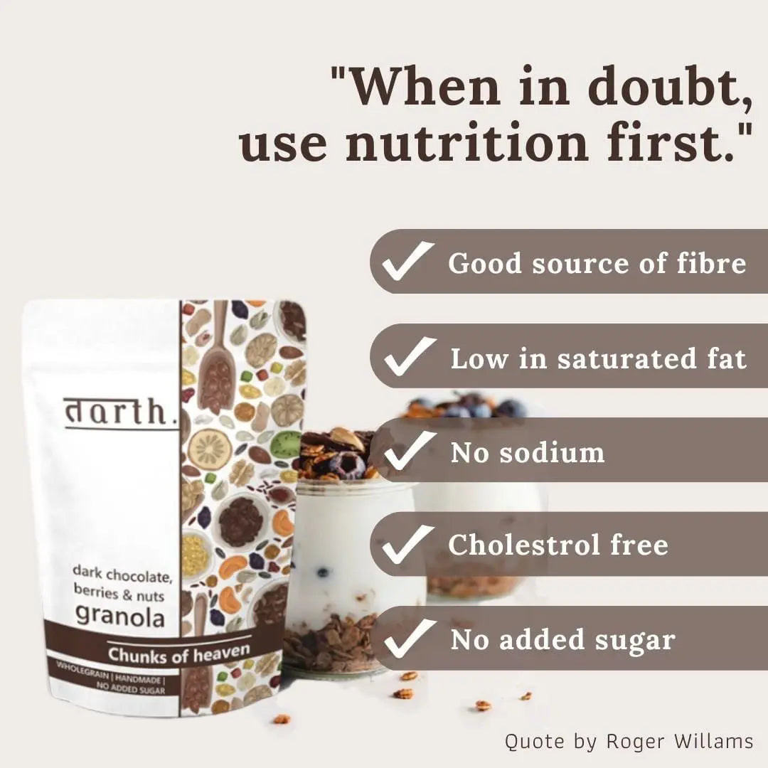 Tarth Chunks of Heaven Granola is a good source of fibre, low in saturated fat, no sodium, cholesterol free and contains no added sugar.