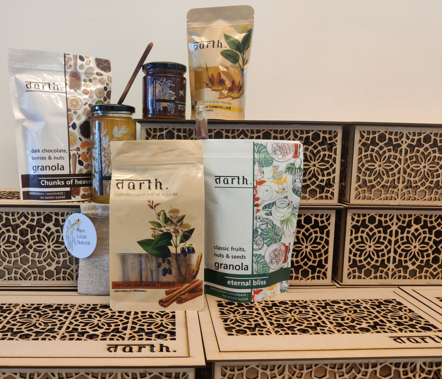 Tarth Premium Gift Hamper Box | Contains Indigenous Honey, Dry Fruit Laddoo's/Energy Balls, Kashmiri Saffron and Ceylon Cinnamon Powder | Organic & Healthy Gift